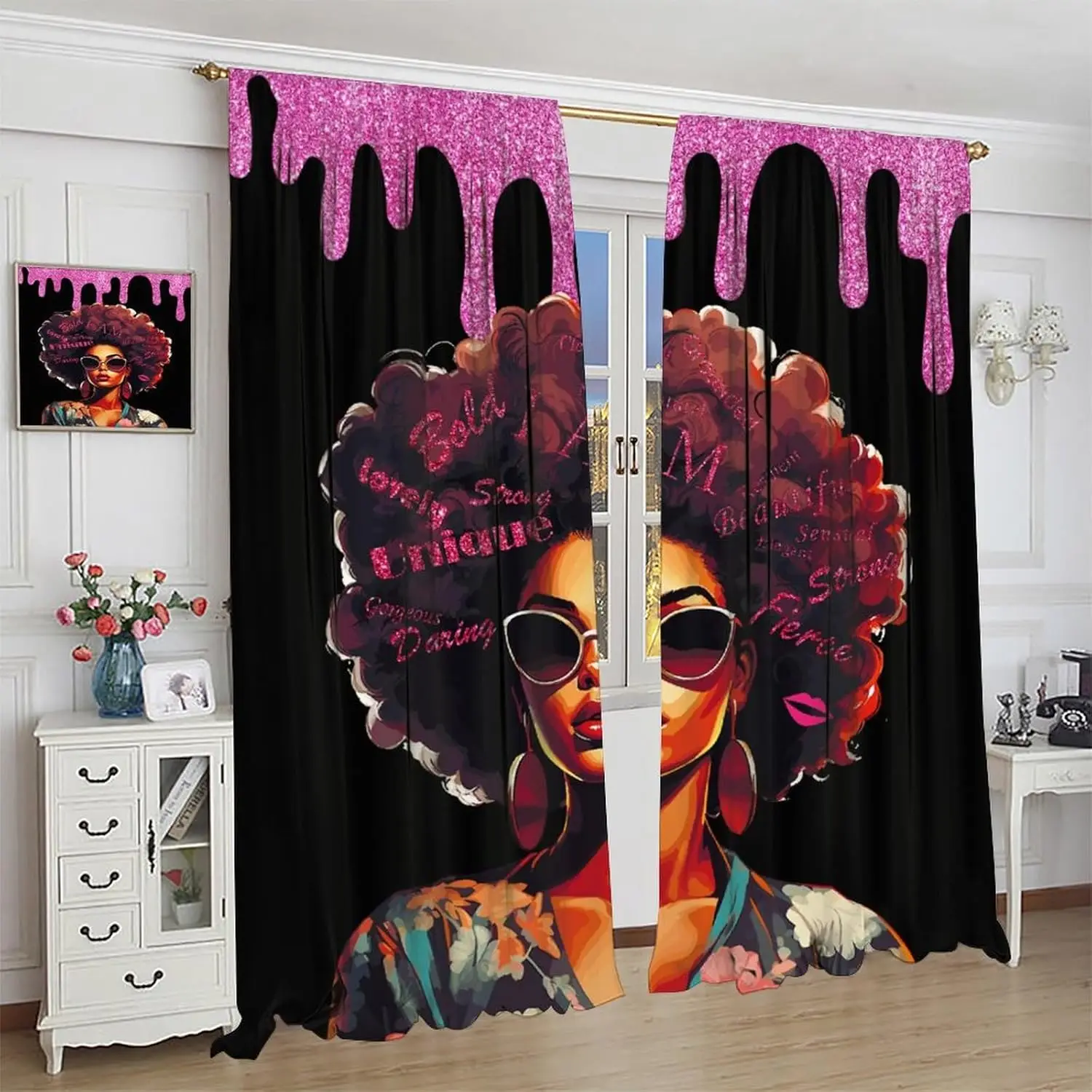 

African American Black Girl Curtains, African Descent Inspirational Quotes Modern Fashion Girl Prints Pocket Window Treatments