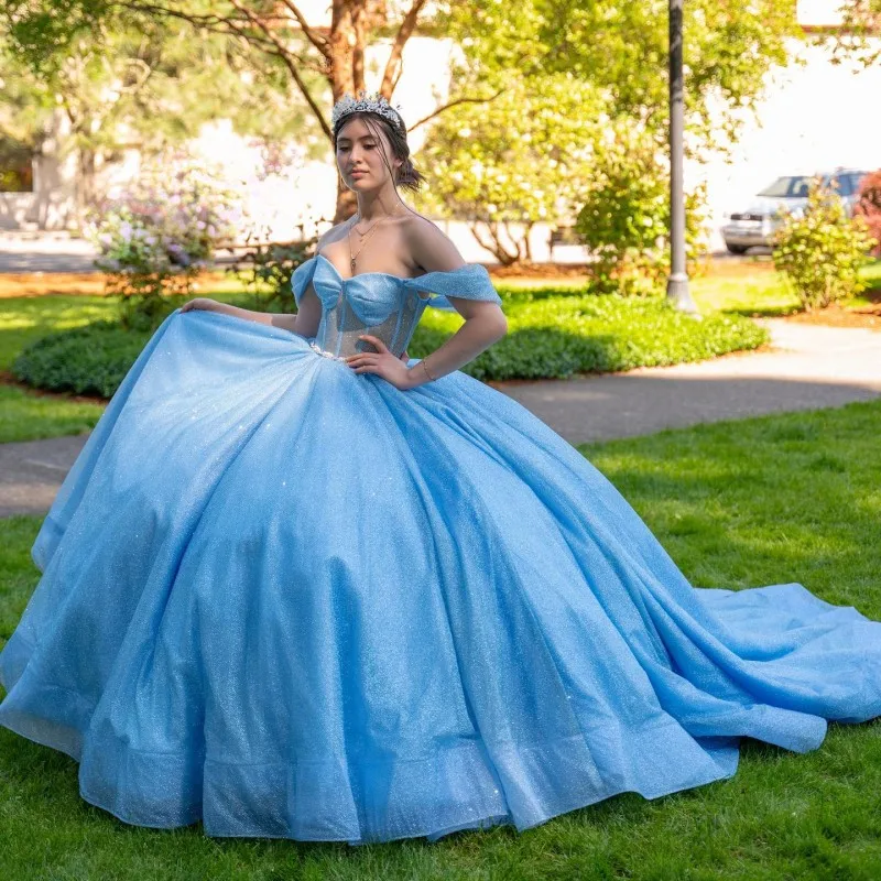 

Sky Blue Glittering Sexy Sweetheart Quinceanera Dress Off Shoulder Beading Vestidos De 15 Anos Ball Gown