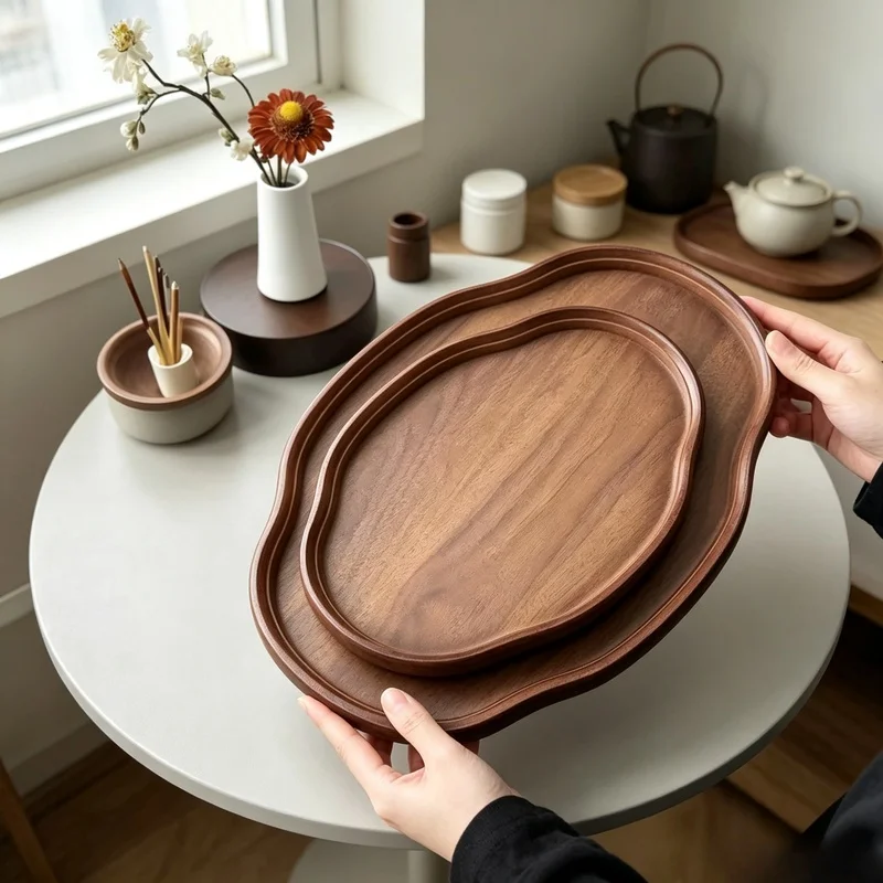 Natural Wooden Decorative Serving Tray, Multi‑Purpose Fruit Platter Food Plate for Living Room Kitchen Tabletop Decor