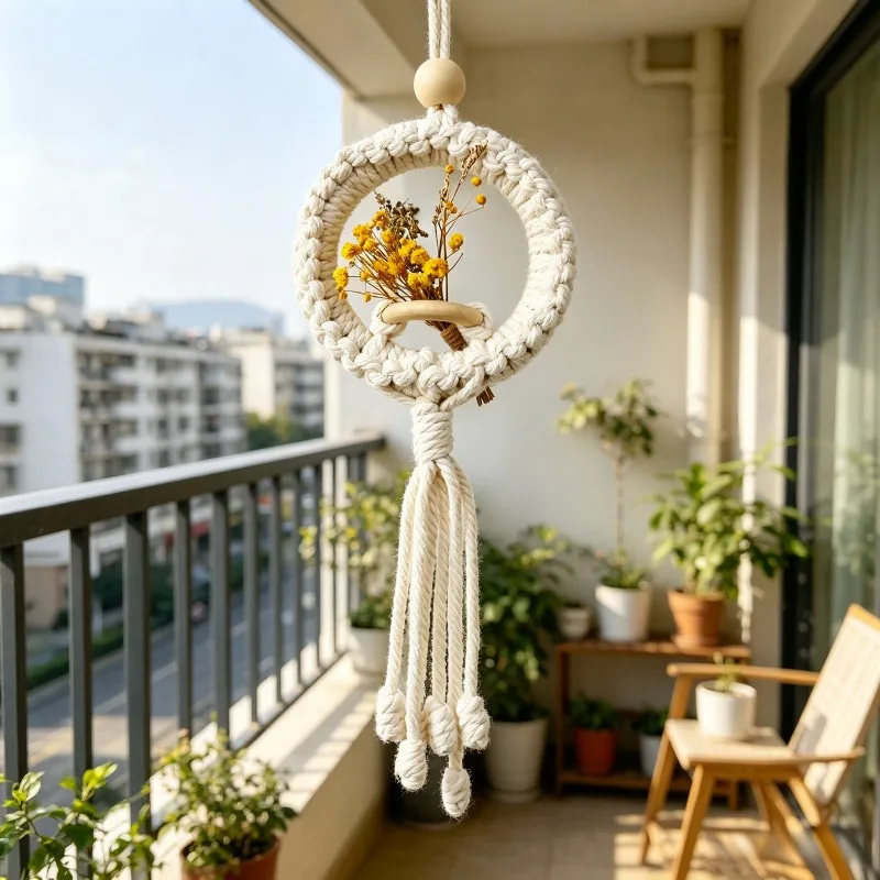 Handwoven Cotton Rope Artificial Wall-hanging Flower Basket Rustic-style Vintage Hanging Decoration Suits Bedroom Living Room
