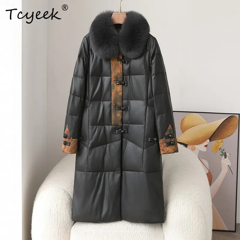 Tcyeek سترة جلدية أصلية للنساء 2025 ملابس شتوية معطف من جلد الغنم الحقيقي للنساء 90% معاطف بيضاء مبطنة بياقة من فرو الثعلب