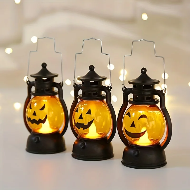 Lanterne de Citrouille à LED pour Halloween, Bougie Fantôme Rétro, Petite Lampe à Huile, Accessoires d'Horreur, Décoration de Maison