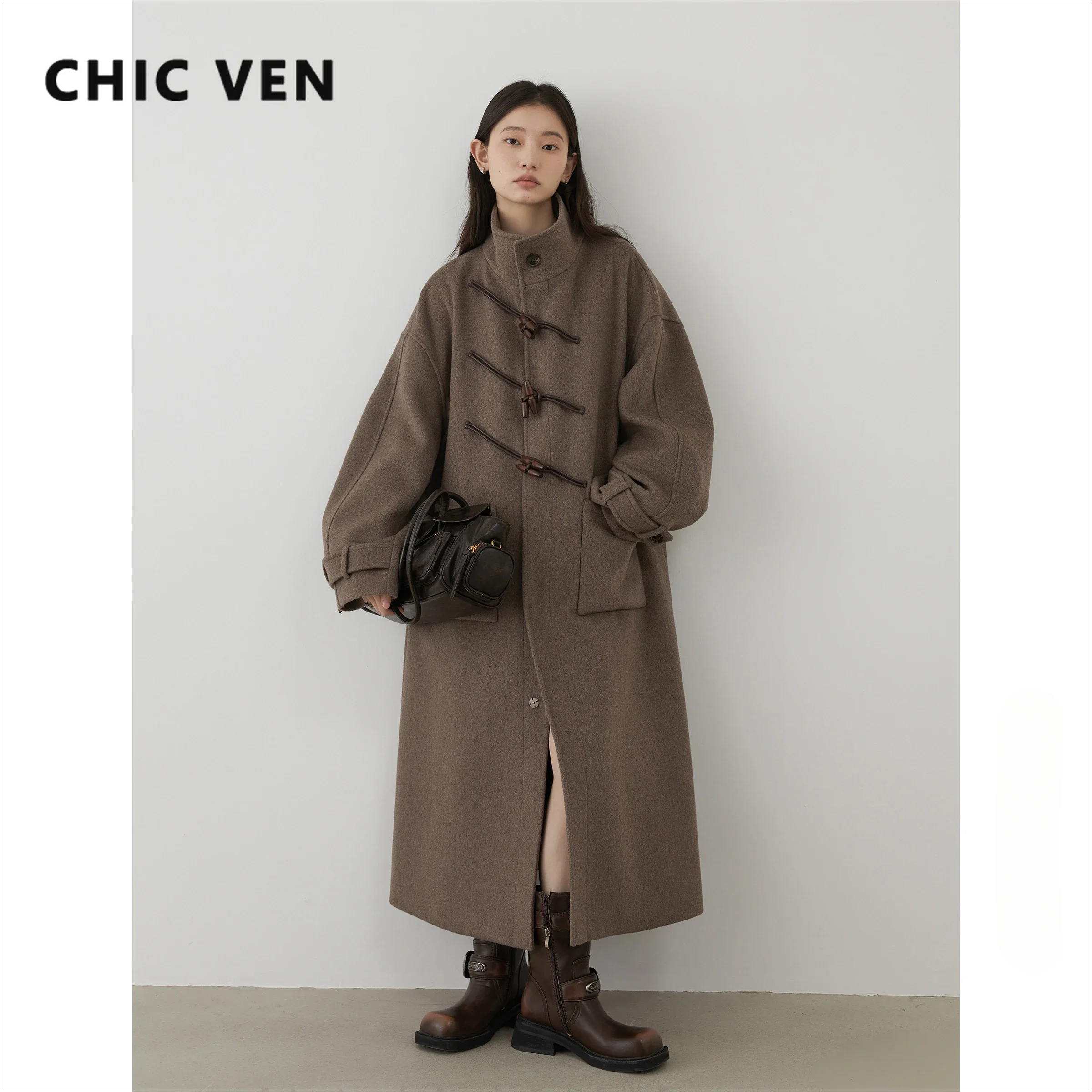 

CHIC VEN Women Long Woolen Coats Single Breasted Loose Stand Collar Cow Horn Buttoned Office Ladies Overcoat Autumn Winter 2024