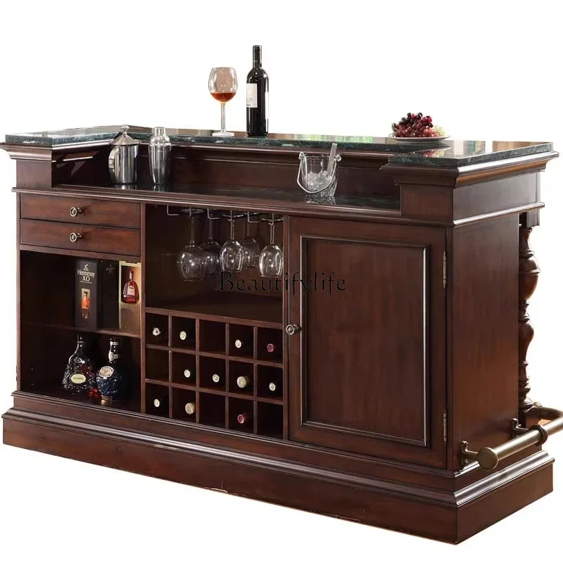 

American retro solid wood wine cabinet European marble bar table Household partition bar, customizedLX