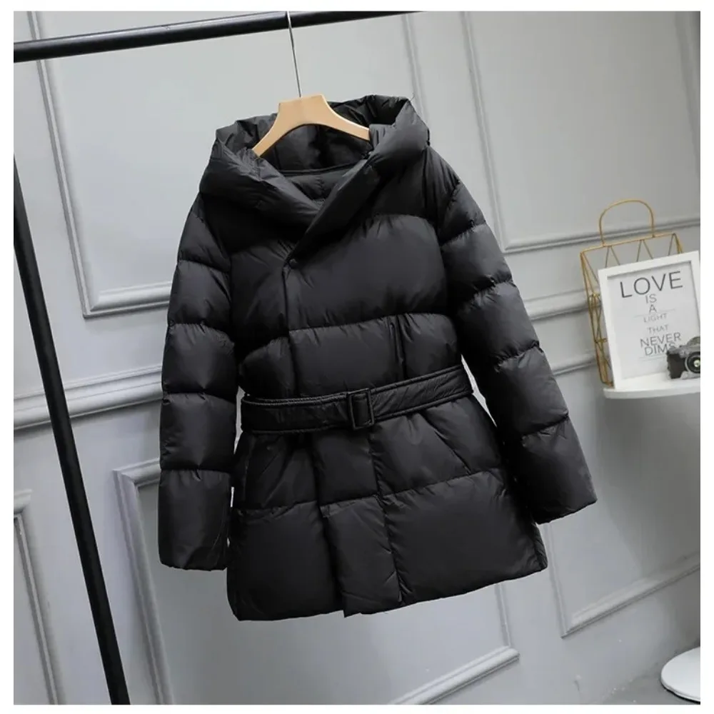 2024 Winter Women\'s Down Jackets Ultra Light Warm Casual Coat Female Puffer Jacket With a Belt Plus Size Hooded Parka Overcoat