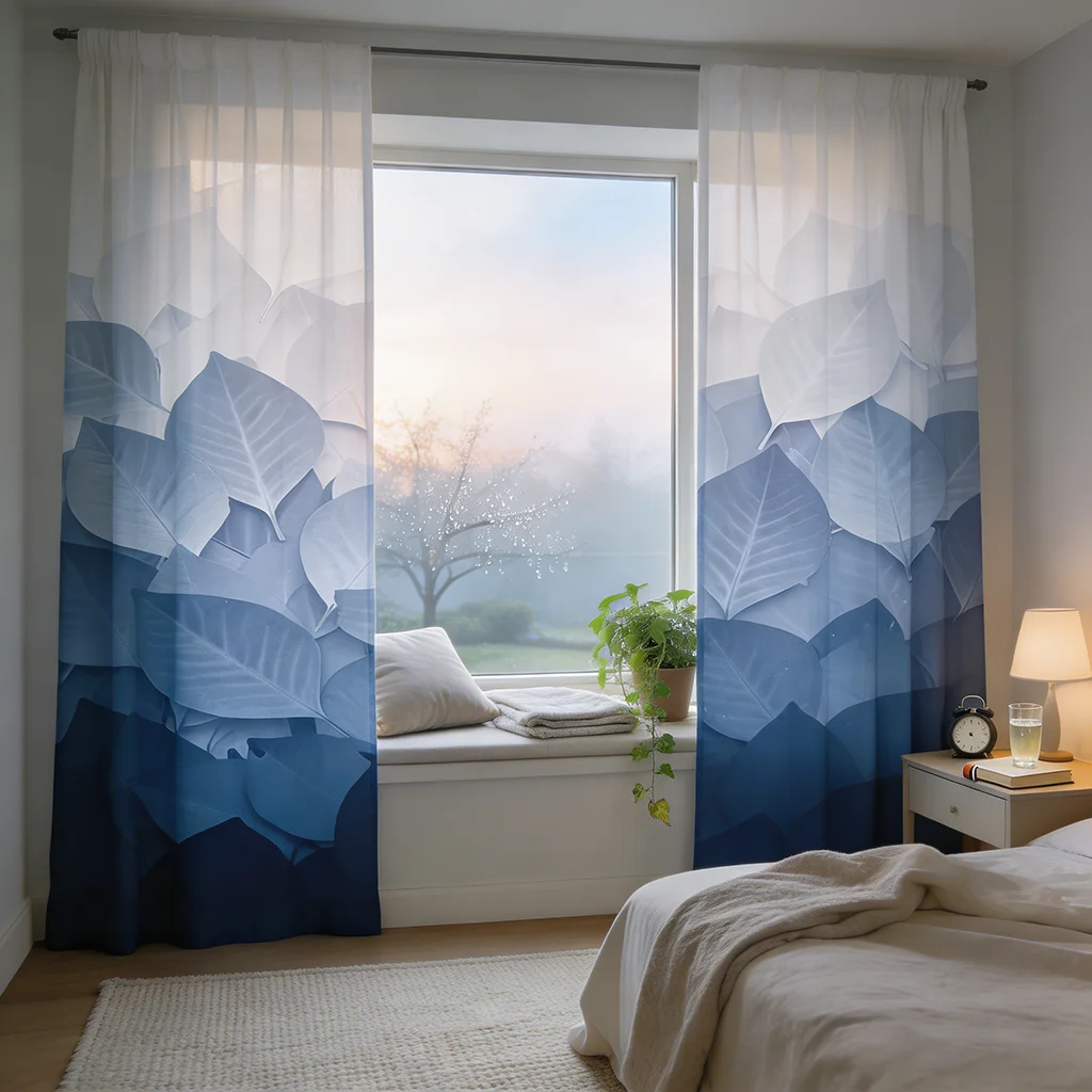 2PCS blue gradient leaf flat printed curtain with pole pocket design, suitable for bedrooms and living rooms, not fully blackout