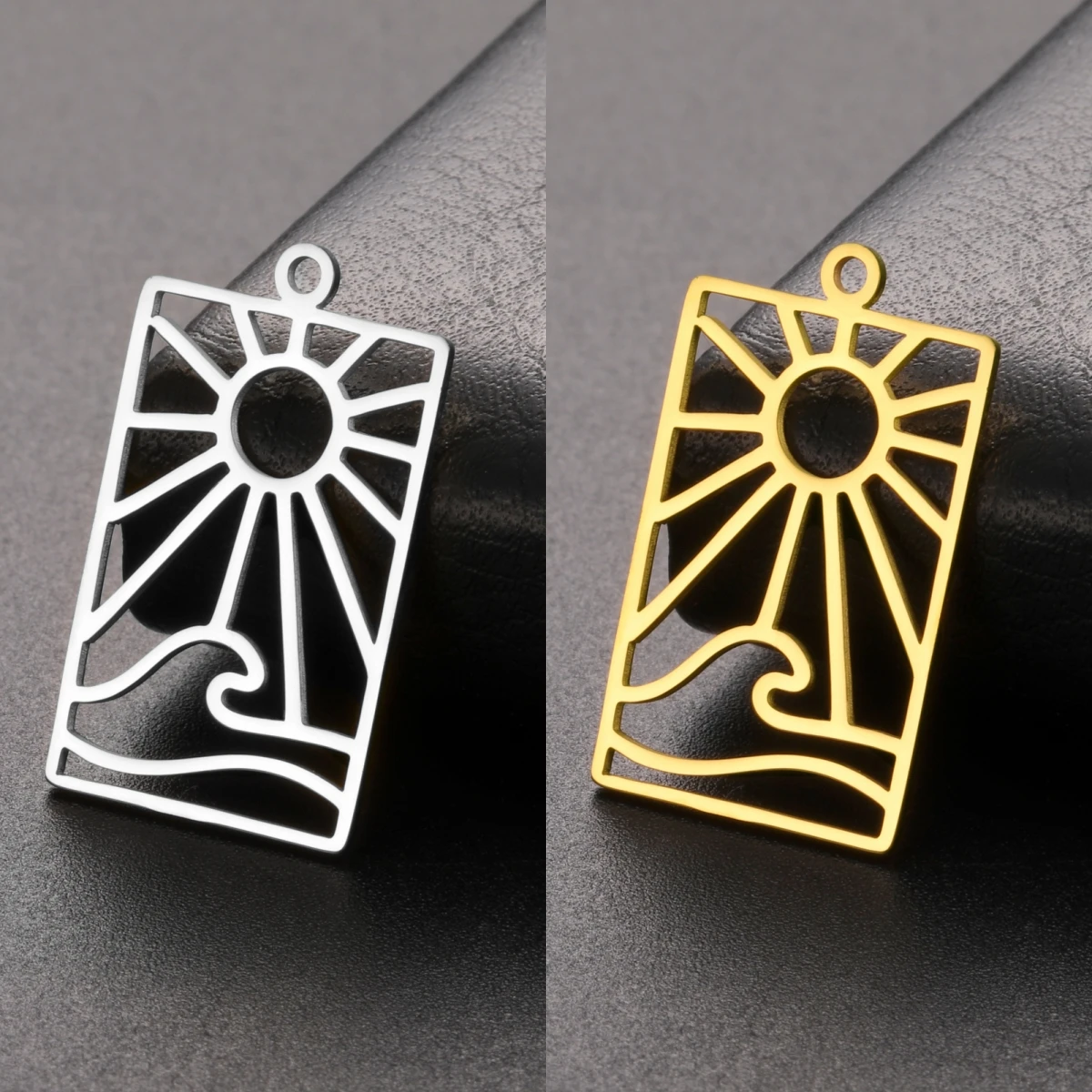 Fashion Rectangular Stainless Steel Pendant Sun Beach Wave Charms For Necklace Amulet Jewelry Making Supplies Handmade Diy Gifts