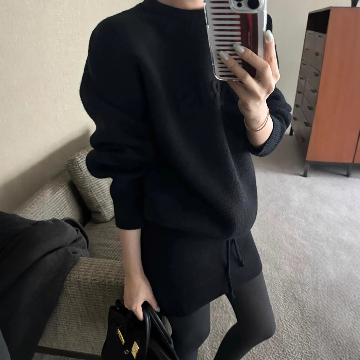 Casual Two-Piece Set Letter Embossed Pullover Outfit Long Sleeve Knit Skirt Set Mini Bodycon Wool Co-Ord For Women Cozy Warm