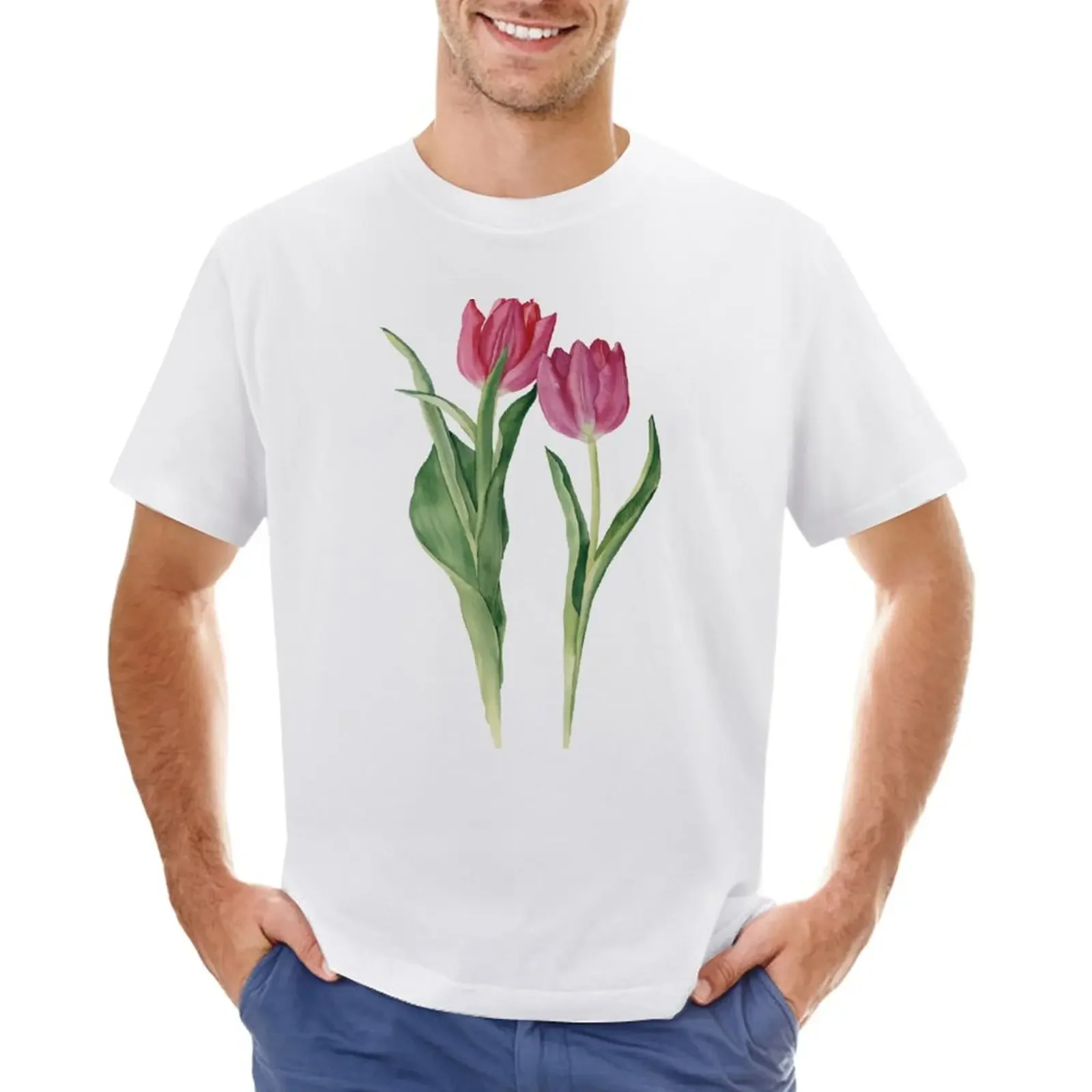 Watercolor pink tulips illustration. T-Shirt quick-drying Blouse mens t shirts pack