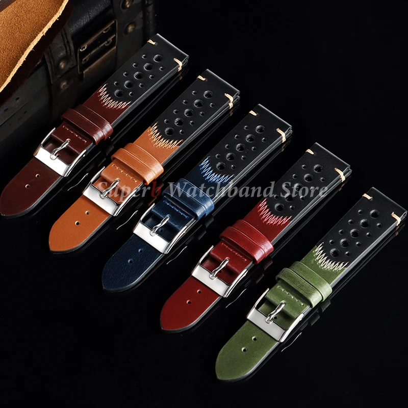 Новый дышащий кожаный ремешок для часов 20 мм, винтажный браслет из масляного воска для Seiko, ремешки для часов из воловьей кожи, аксессуары для браслетов
