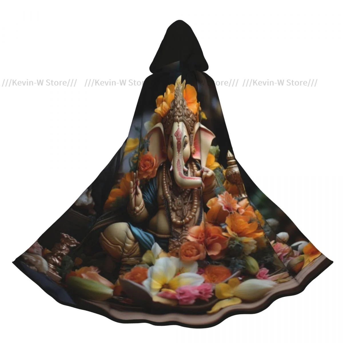 Long Cape Cloak Golden Lord Ganesha Sculpture Hooded Cloak Coat Autumn Hoodies