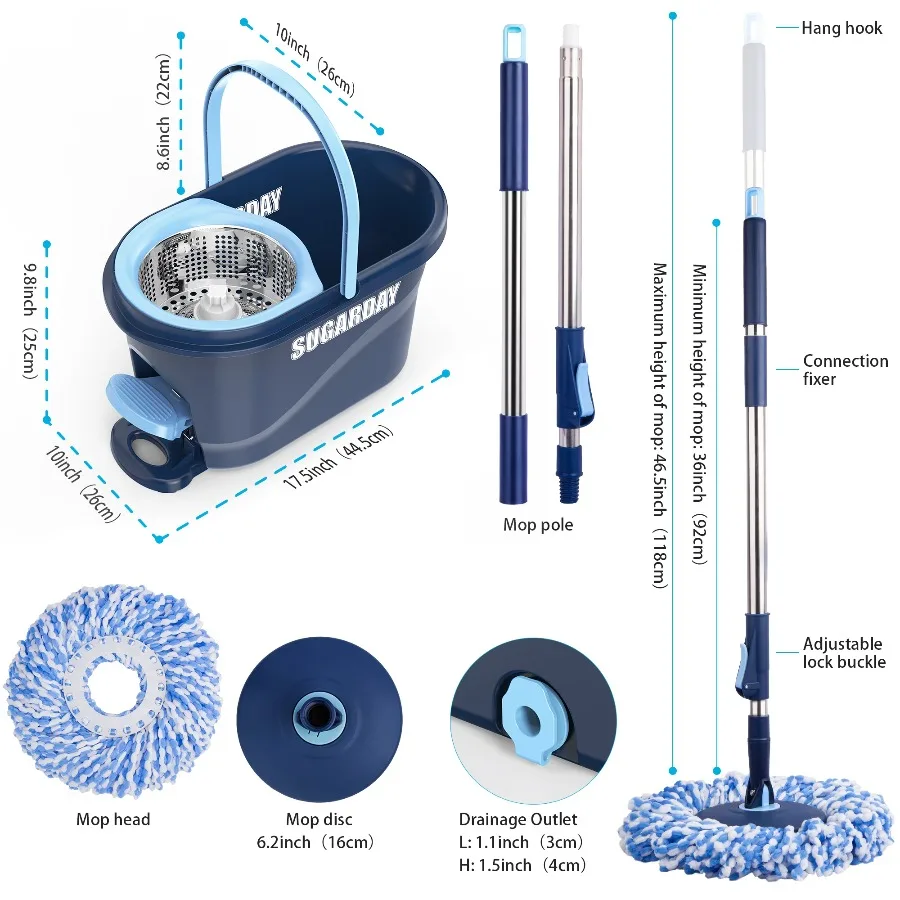 SUGARDAY Spin Mop and Bucket with Wringer Set for Floors Cleaning Heavy duty System, Blue