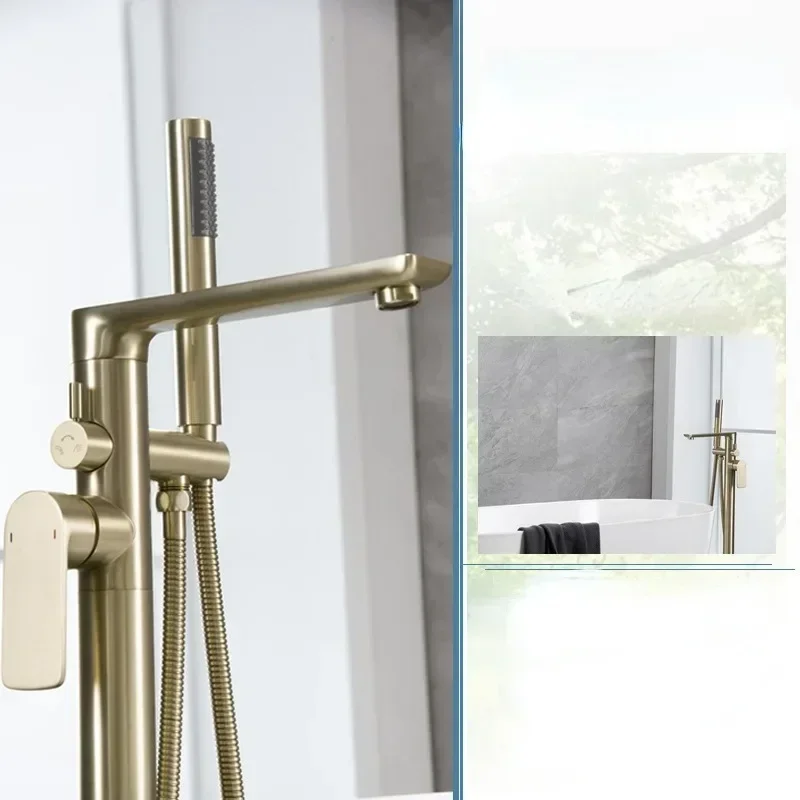 Brushed Gold Floor Mounted Bathtub Faucet Set with Waterfall Spout and Handheld Shower