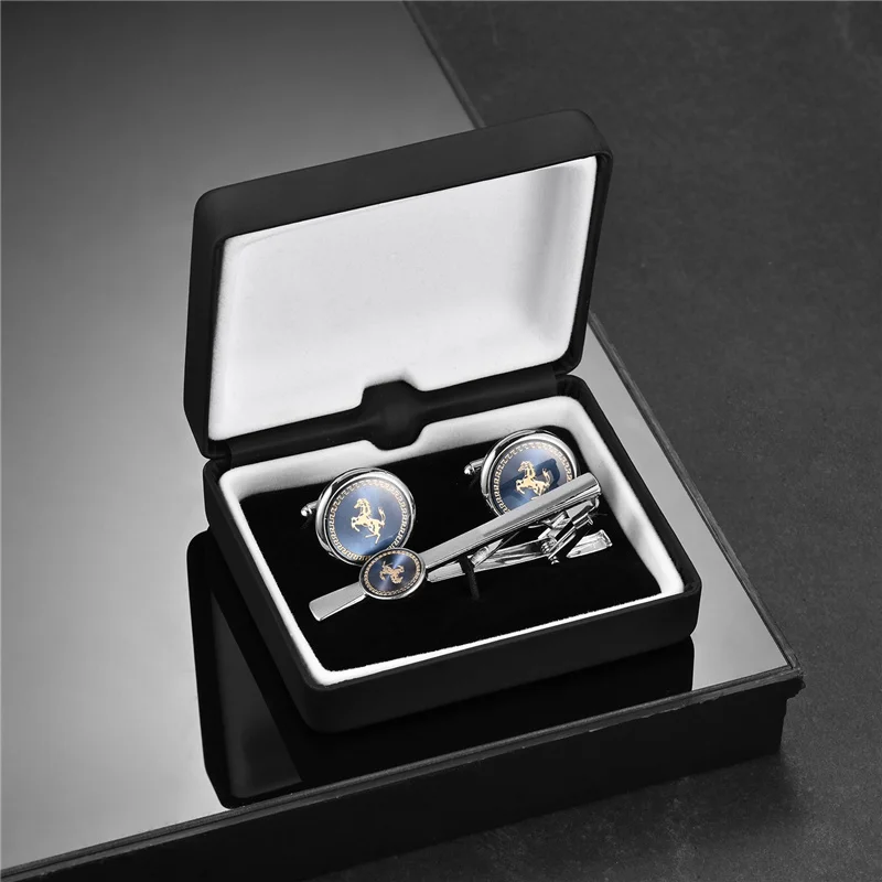 Luxury Cufflinks Tie Clip Set Man Shirt Cufflinks For Mens Wedding Guests Gift Blue Horse Men Cuffs Tie Clips Copper Wed Jewelry