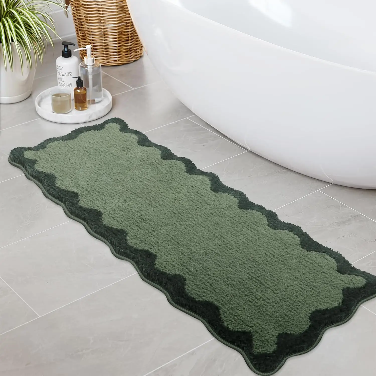 

Bathroom Rug Runner, Green Long Irregular Shaped Bathroom Rug Absorbent Non Slip, 18x47 Soft Cute Machine Washable Shagg