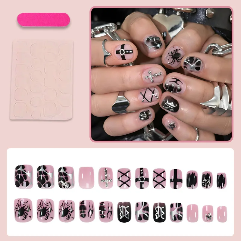 

24pcs Dark Metal Fake Nails Punk Style Five-Star Spider Press on Nail Almond Full Coverage Nail Tips for Women&Girl False Nail