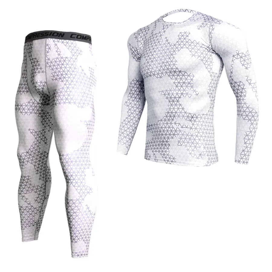 2 peças de compressão MMA manga longa t-shirt e leggings conjunto para homens, kit rashguard, camisola de camuflagem, fitness roupa interior térmica