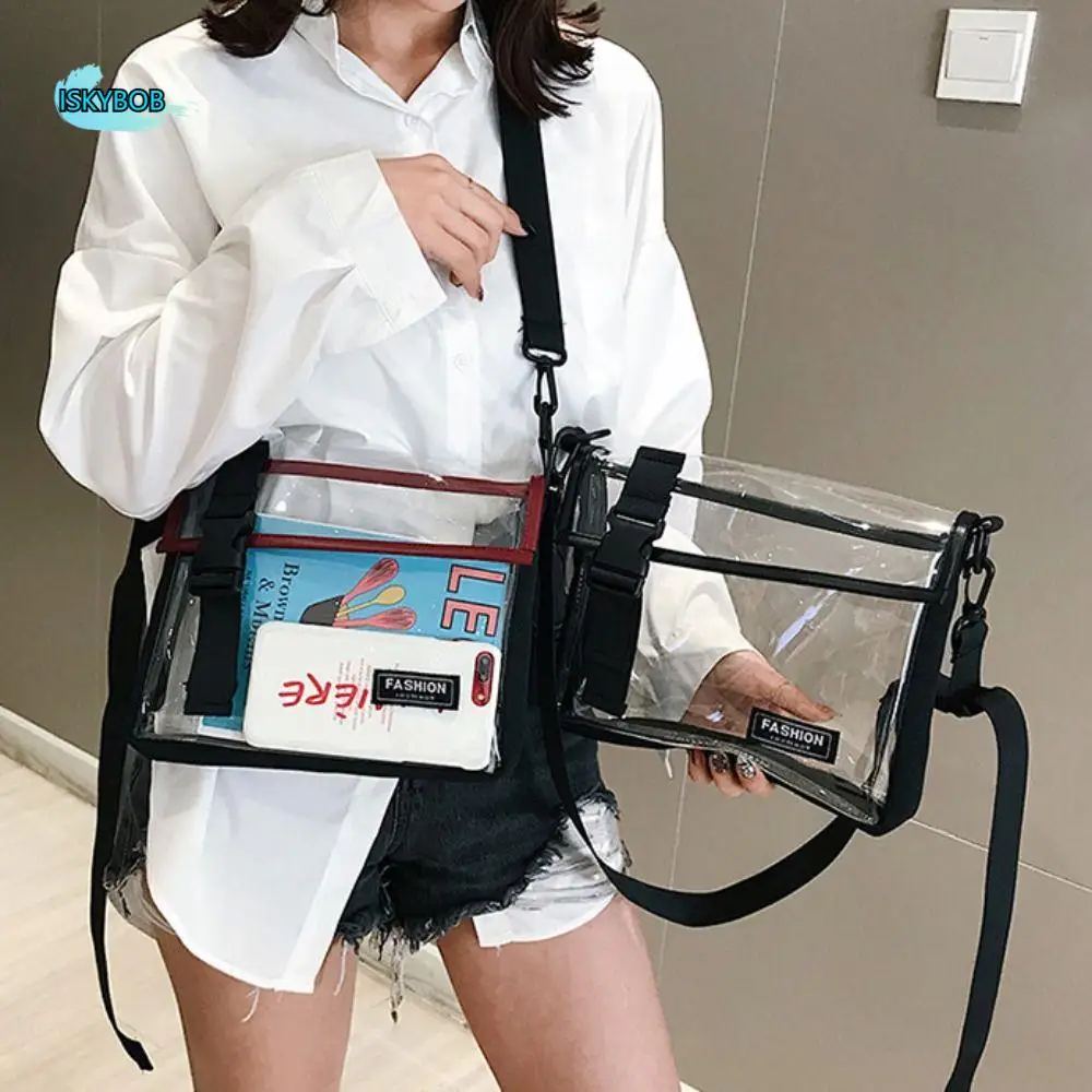 

Square PVC Messenger Bag Waterproof Button Transparent Crossbody Bag Large Capacity with Removable Strap Casual Shoulder Bag
