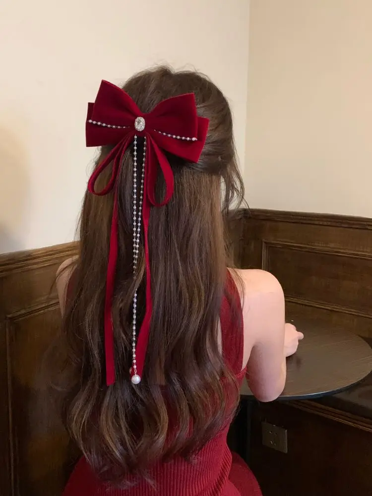 

Elegant Red Fabric Velvet Bow Hair Clips Tassel Crystal Hairpins Spring Clips Handmade Headdress Wedding Hair Accessories