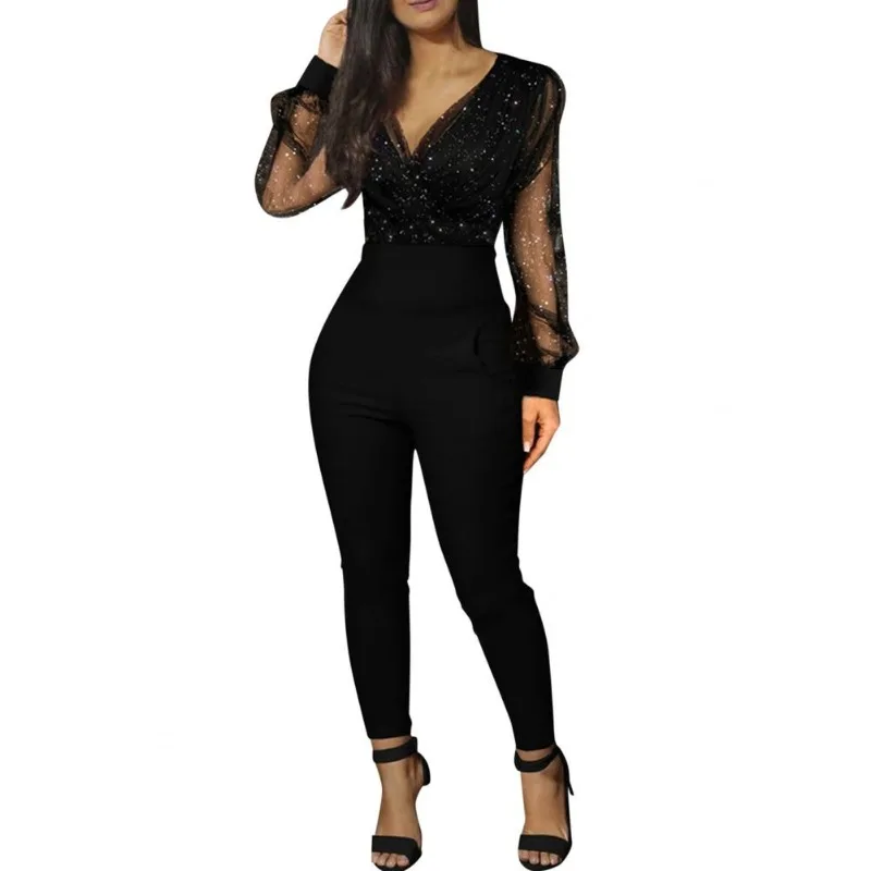 2024 Spring Summer New Women\'s Clothing Solid Color V-neck Mesh Slim Fit Long Sleeve One-Piece Playsuit Jumpsuit