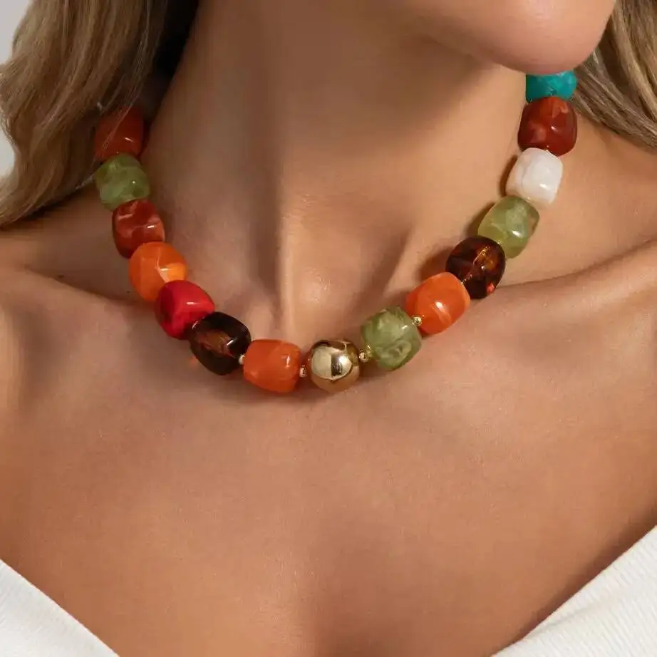 SHIXIN Bohemia Colorful Square Resin Beaded Necklaces for Women Vintage Charm Statement Clavicle Chain Y2K Banquet Jewelry Gift