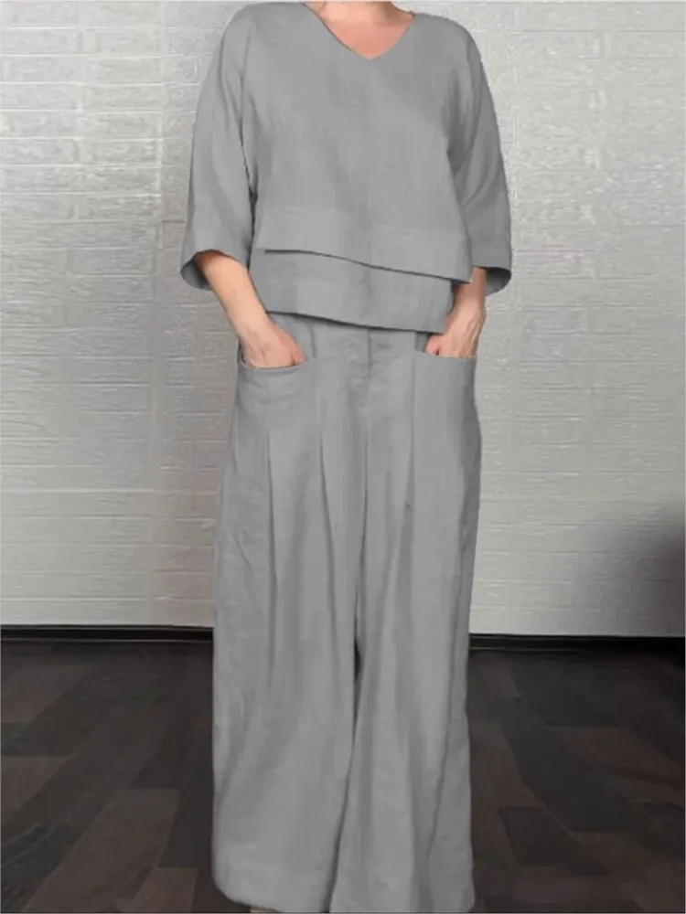 レディースカジュアルルーズイレギュラーコットンリネントップスーツ春秋新作ファッションポケットワイドレッグパンツオフィスツーピースセット