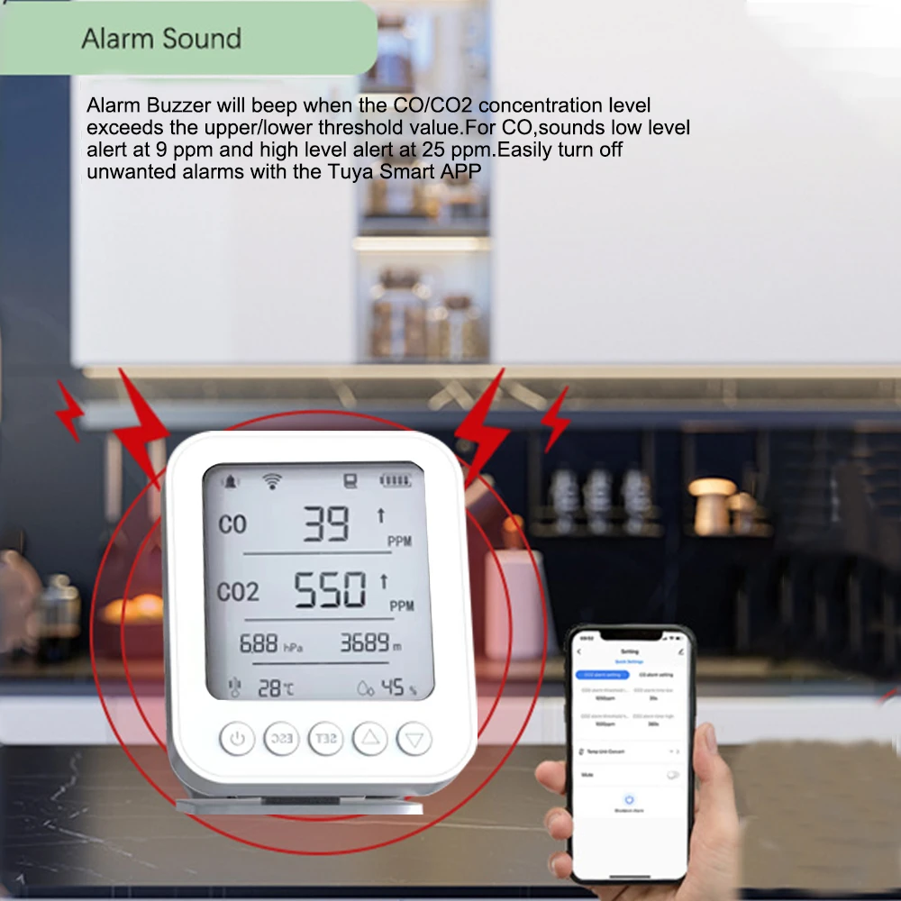 Air Quality Monitor APP Control with 128MB Memory Card CO CO2 Altitude Air Pressure Temperature Humidity Real Time Monitoring