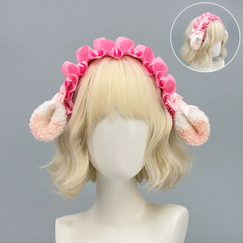 Japanese Harajuku Style Lolita Sheep Ear Headband Sweet Girl Cute Faux Lamb Fur Bow Headpiece Clouds Soft Cosplay Headband