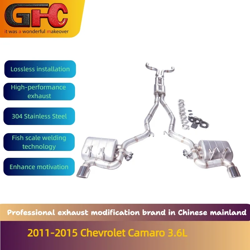 Système d'échappement sport GFC pour Chevrolet Camaro 3.6L 2011-2015, type Catback à soupapes variables, avec silencieux et résonateurs.