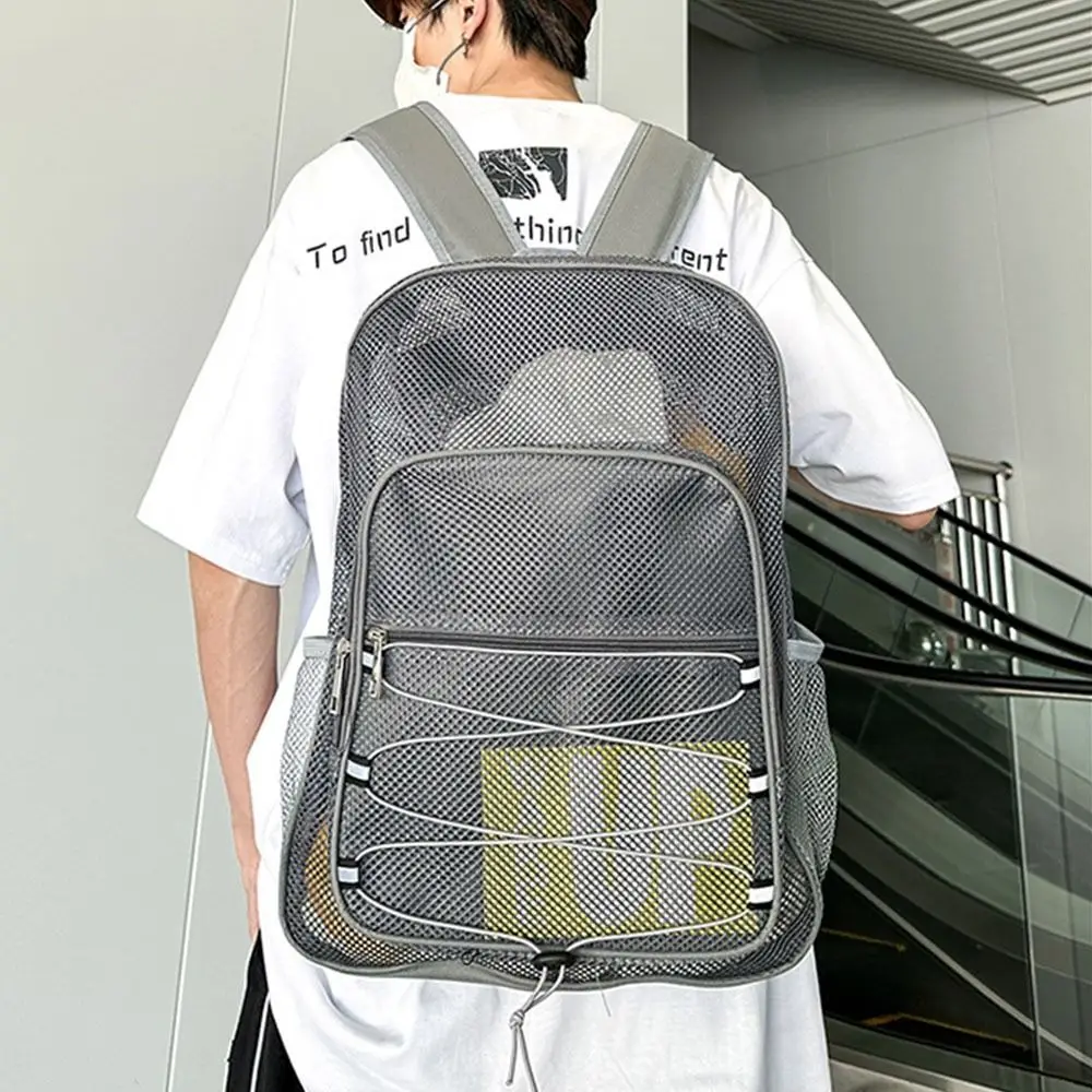 Portable Mesh Backpack Large Capacity Zipper Closure Students School Bags Side Pockets Shoulder Strap Fitness Training Bag