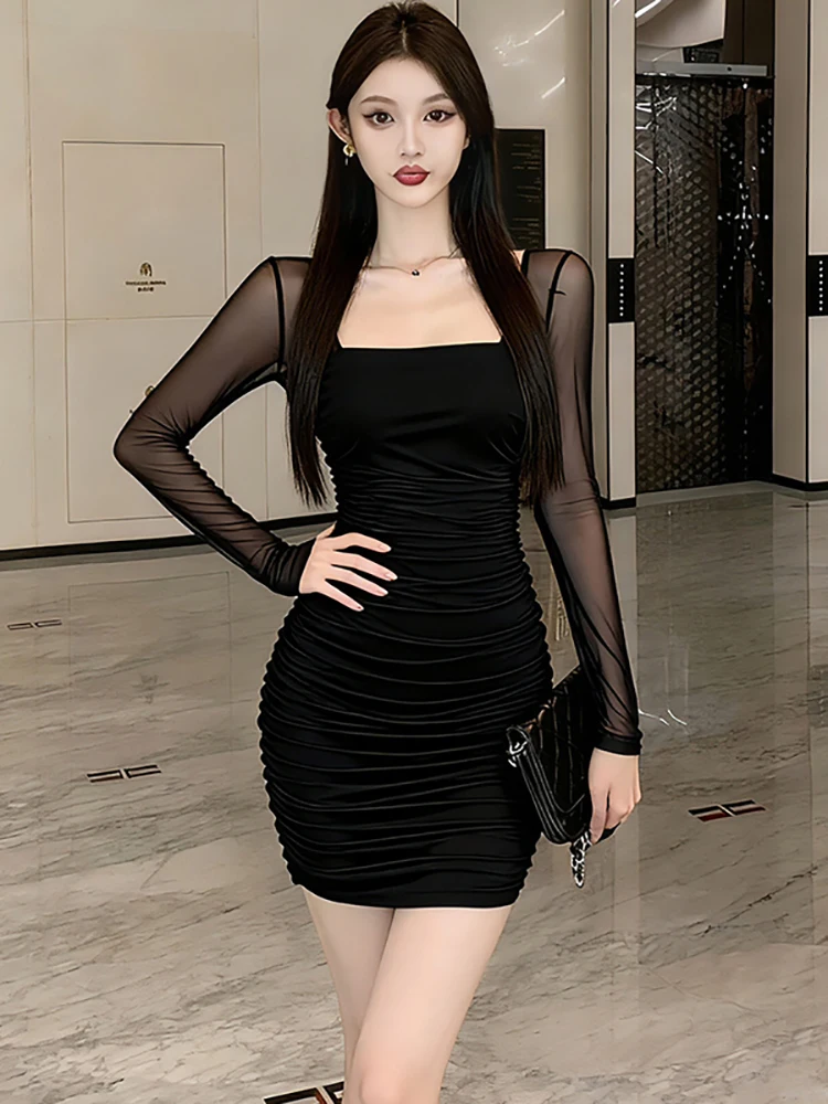2025 ブラック パッチワーク メッシュ シアー 長袖 セクシー ドレス レディース ヴィンテージ ラグジュアリー パーティー ドレス 秋冬 エレガント ボディコン プロム ドレス