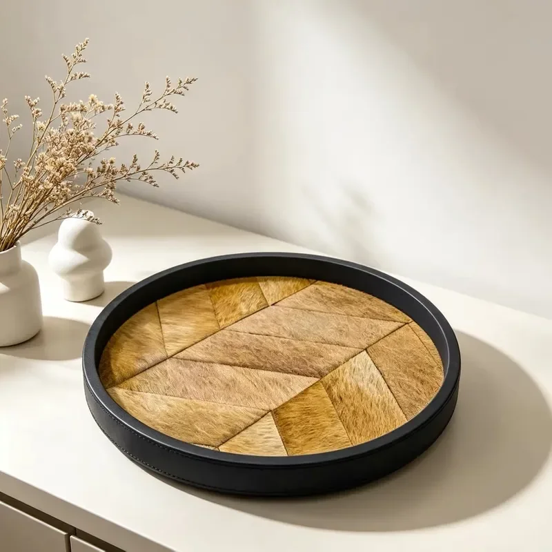 Retro Wabi Sand Style Solid Wood Aromatherapy Tray with Imitation Wool Leather Entrance Decor for Living Room Office Desktop