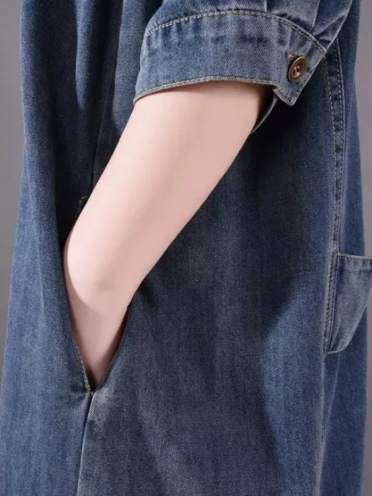 Loose Casual Summer Spring Denim Shirt Dress Women's Mid-Length Intellectual Short Sleeve Korean Style Fashionable Dress