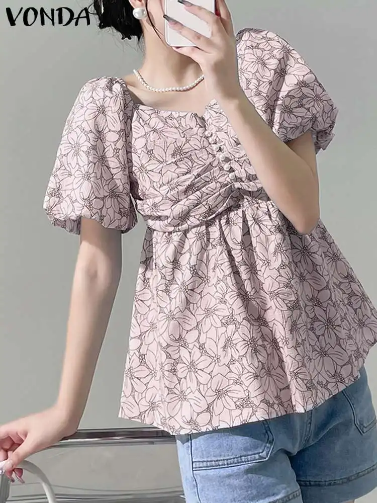 

Блузка VONDA женская с цветочным принтом, винтажная Повседневная Свободная рубашка с коротким рукавом-фонариком, в богемном стиле, с квадратным вырезом, лето 2024