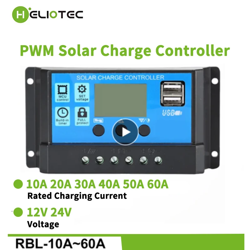 Heliotec Solar Charge Controller 12V 24V 10/20/30/40/50/60A PWM Regulator Battery Charger LCD Display Dual USB 5V Output