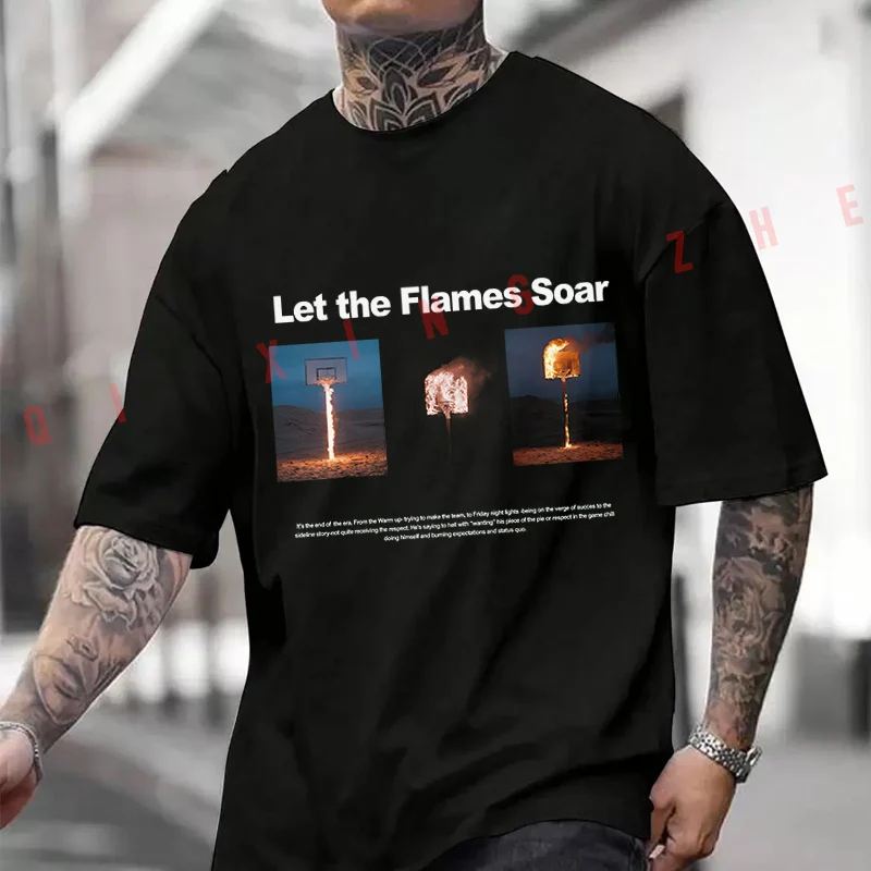 Let The Flames Print Motorcycle Printed T-Shirt Men's Fashion Short Sleeve Exquisite Design Essential Top Tees