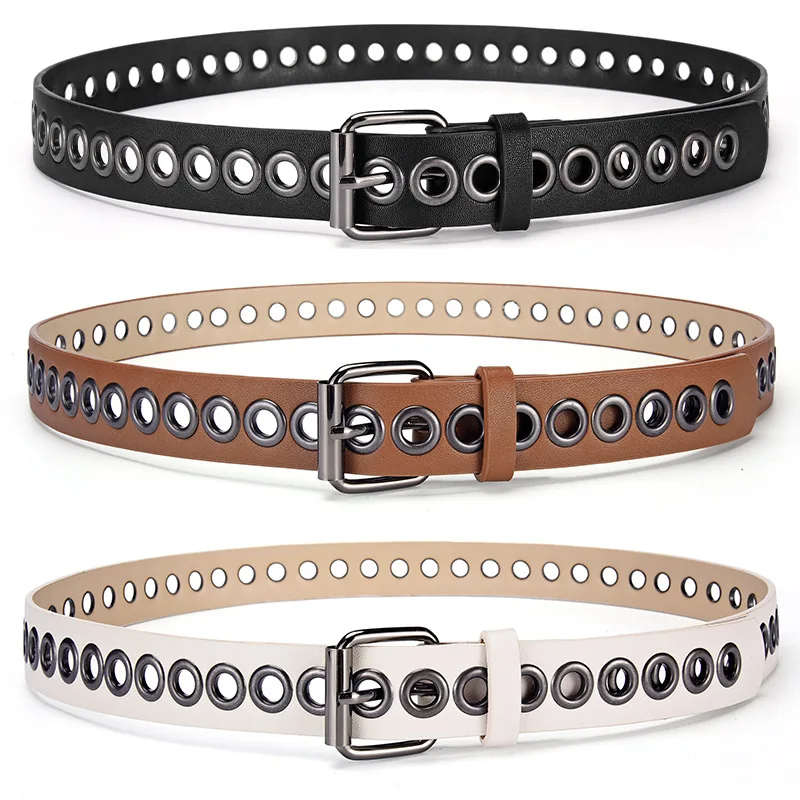 Men Women Decoration Punk Style Belt Factory Direct Air Eye Non perforated Hollow Korean Fashion All match Black Brown 105cm