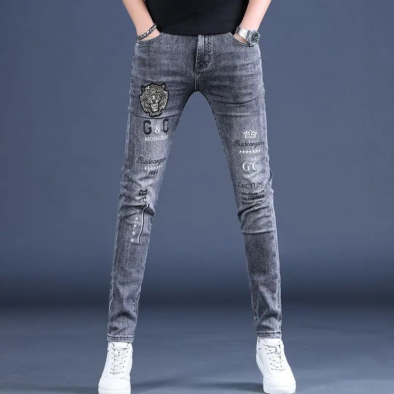 

Men's Clothing Autumn and Winter high quality Embroidered Jeans Slim-fit Skinny Pants Trendy Brand Fashion Printed Casual Pants