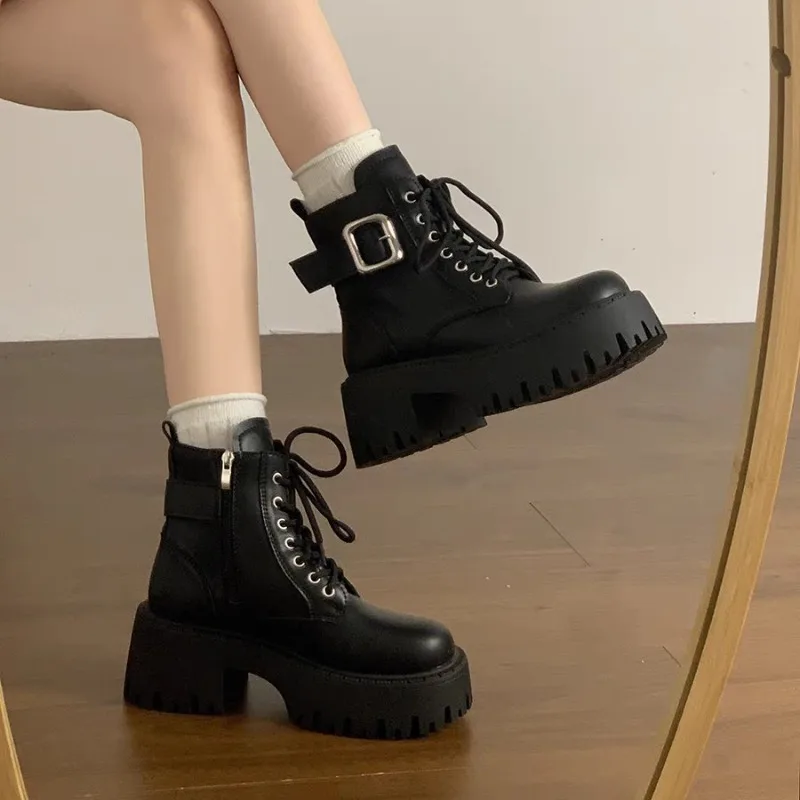 

Women's High Heel Ankle Boots Round Head Square Heel Side Zip Women Boots Belt Buckle Spring Autumn Leisure Fashion Botines Shoe