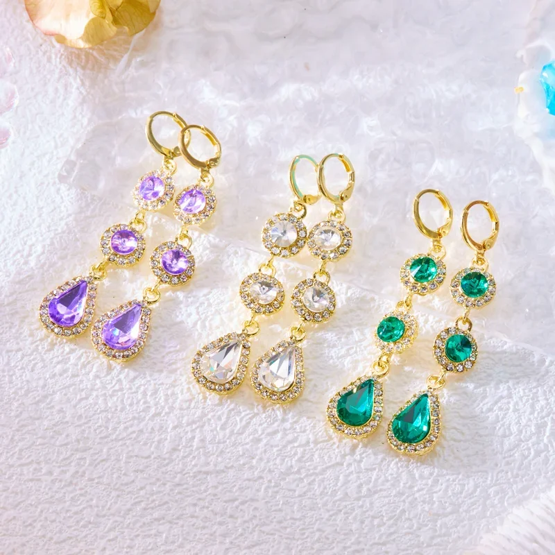 

Vintage Green Rhinestone Crystal Drop Earring For Women Purple Zircon Water Droplet Long Tassel Geometric Earring Charm Jewelry