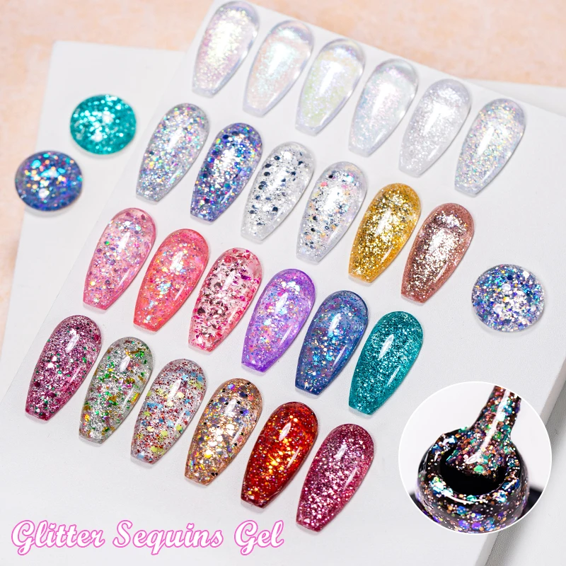 MEET ACROSS 7 ml Glitzer-Gel-Nagellack, Frühling, funkelnder, langlebiger Lack für die Maniküre, Soak Off Gel Nail Base Gel Top Coat