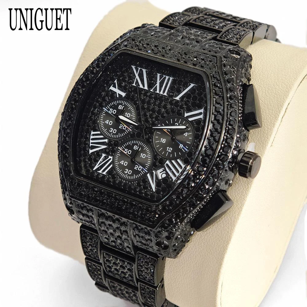 

2025 Top Luxury Watches Men Fashion Brand UNIGUET Hip Hop Diamond Bling Tonneau Quartz Wristwatches Business Iced Out Men Clocks