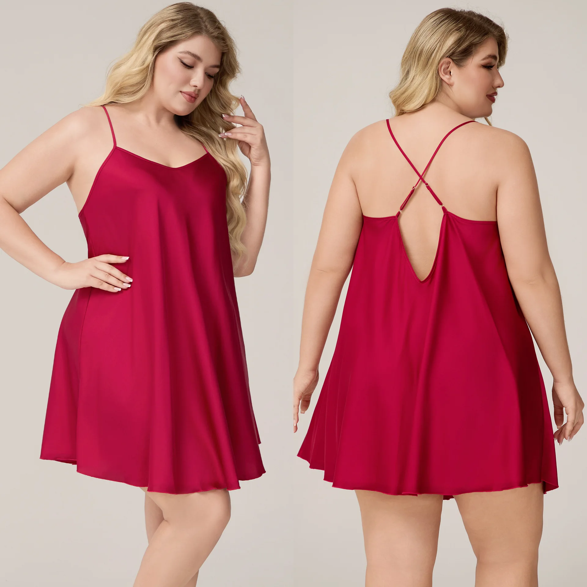 Gaun Tidur Satin Chiffon Ukuran Besar untuk Wanita |   Hadiah Romantis Natal - Gaun Tidur Pendek Tali Spaghetti Warna Polos