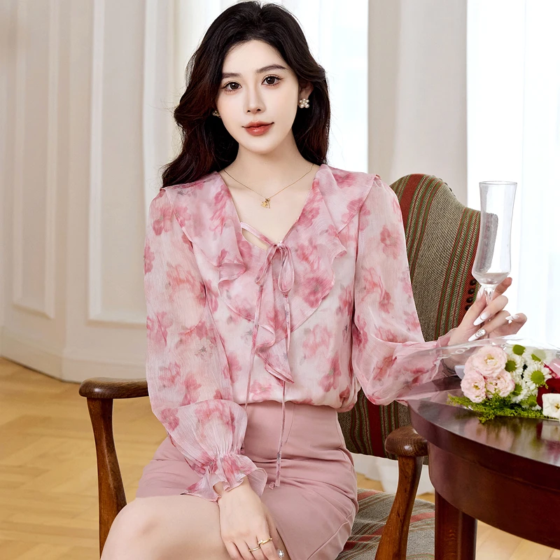 レディースブラウスシャツ 新品 長袖 Vネック プリント レースアップ フリルブラウスシャツ レディース トップス ブラウス シャツ ブルサス カミサス 2025 Q1341