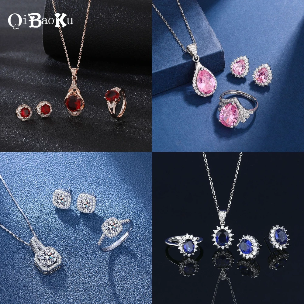 

Fashion Luxury Necklace Sets Jewelry Copper Multi-color Gemstone Selection Zircon Adjustable Ring and Earring for Women's Gifts