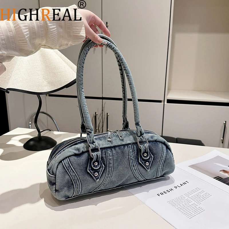 

Casual Travel Bag For Women Designer Jeans Bag Large Capacity Denim Shoulder Bag Leisure Pillow Handbag Lady Brand Boston