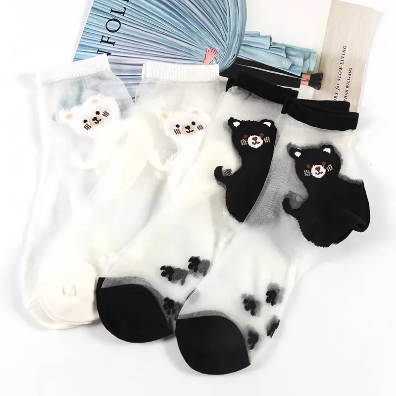 1/5 Pairs Women Korean Style Cat Crystal Silk Socks Non-Slip Nylon Transparent Ultra-thin Breathable All-match Tube Socks