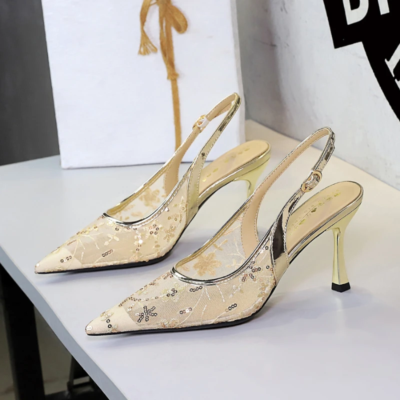 Glitter Sequin Lace Mesh Backless Sandals One Strap Buckle Thin Stiletto Heels Sexy See-through Elegant Banquet Outdoor Dress