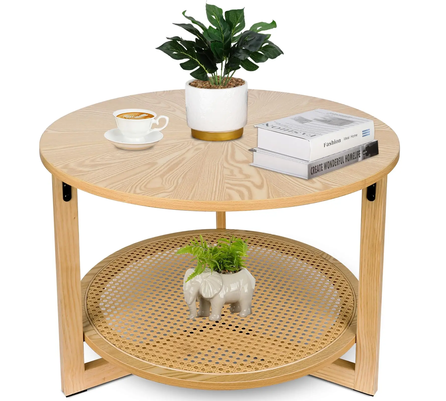 

！@Combohome Wooden Melamine Coffee Tables with Rattan for Living Room, Small Round Coffee Table for Small Spaces
