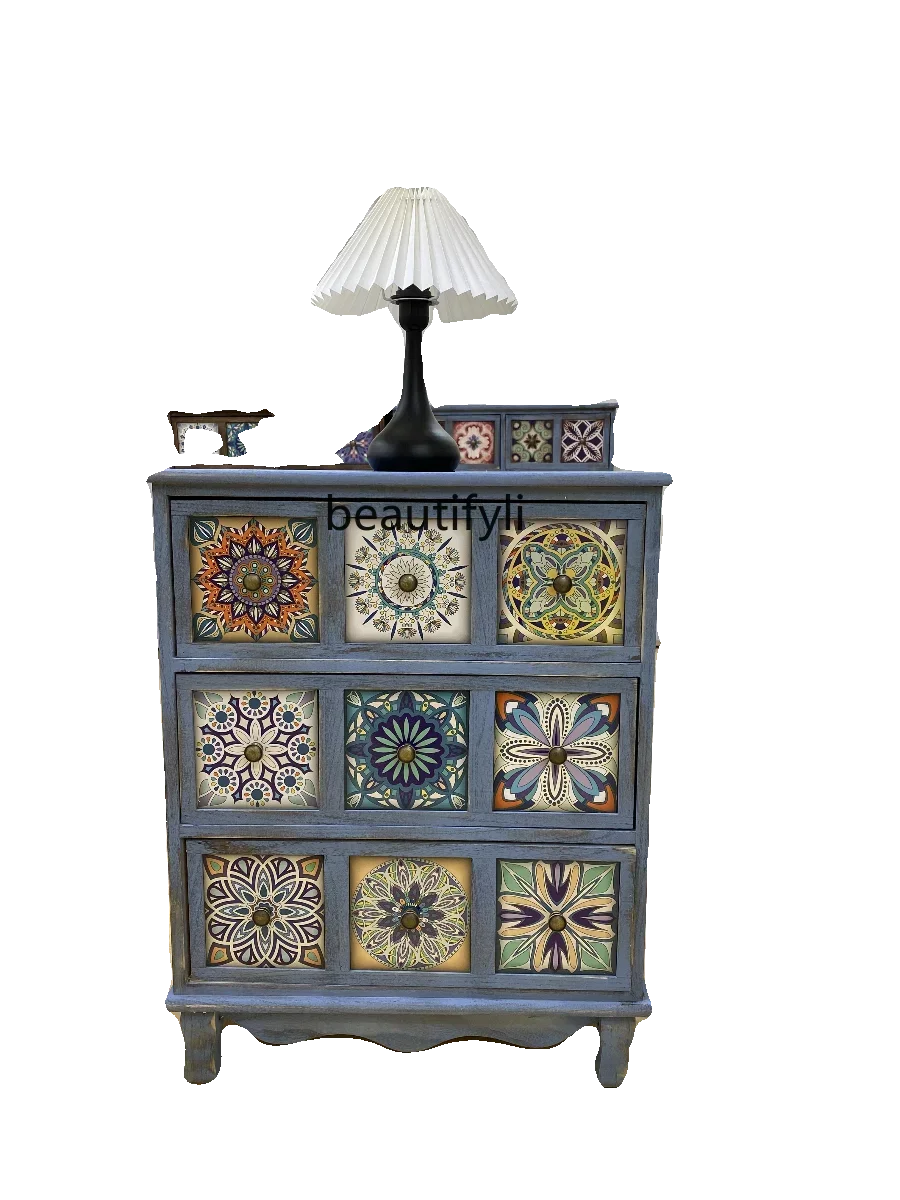 

11yj15 Solid Wood Vintage Chest of Drawers Distressed Storage Side Cabinet Wall Bedroom Bedside Table